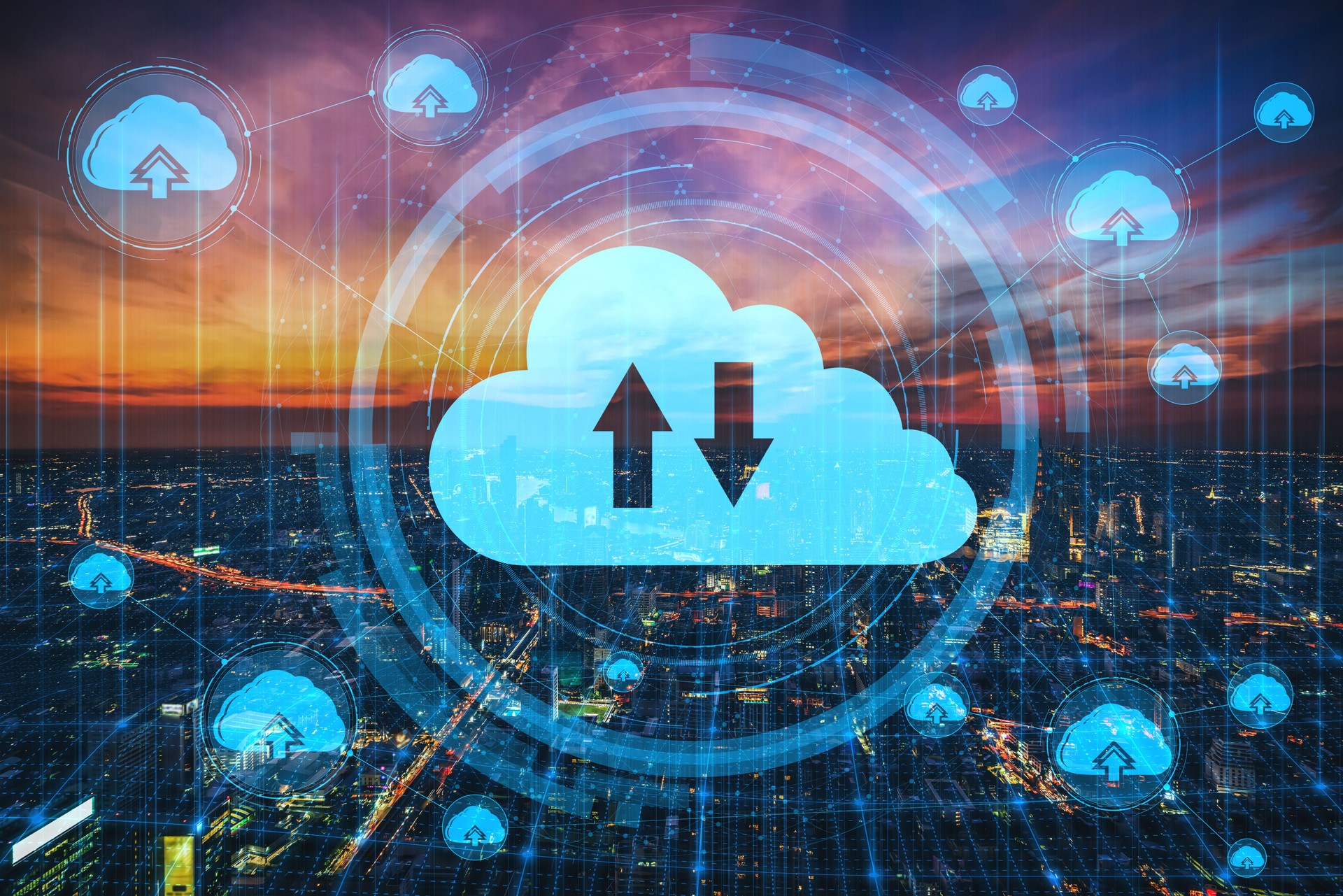 Cloud computing technology and online data storage for business network concept.